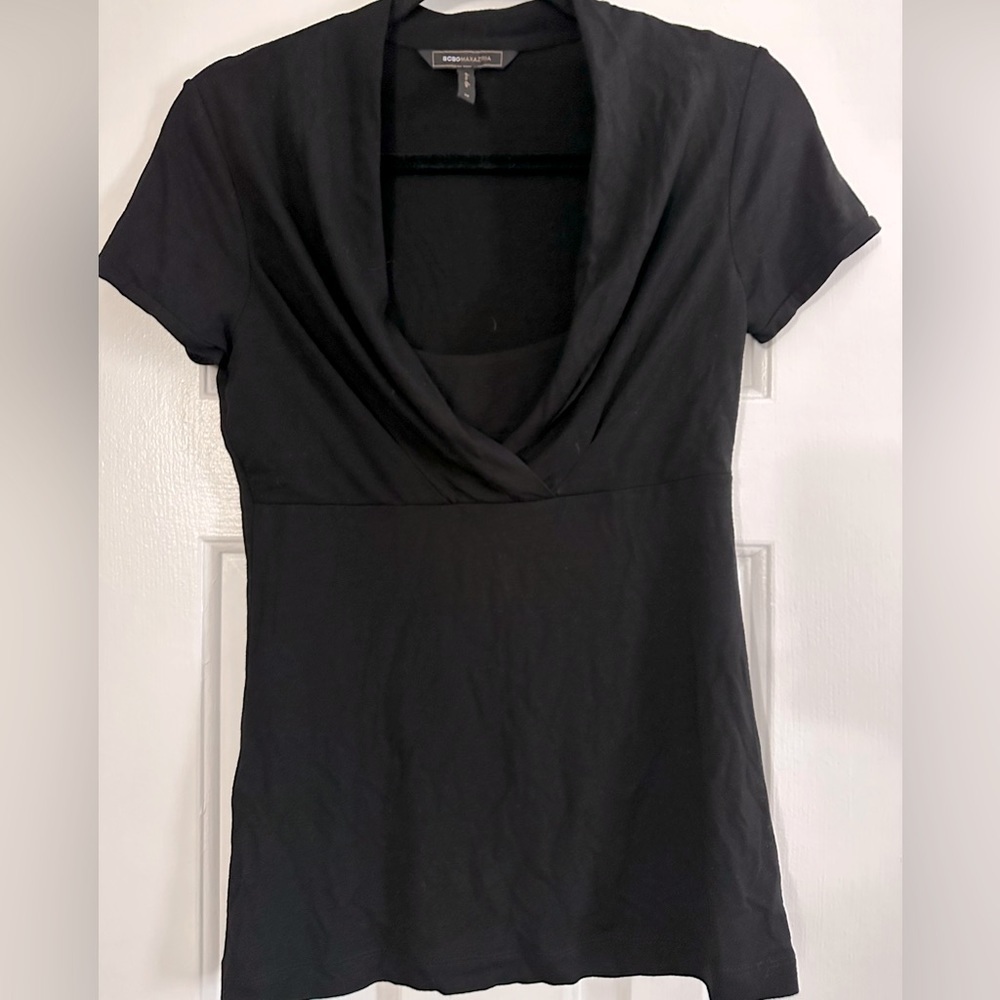 BCBGMAXAZRIA Black V Neck Cowl Top Blouse Shirt Size XS